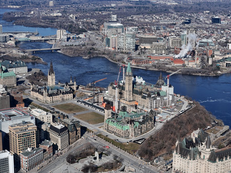 Aerial view of the capital Parliament under renovation the skyline of downtown Ottawa.の写真素材