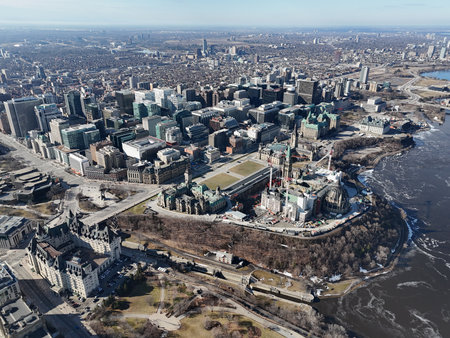 Aerial view of the capital Parliament under renovation the skyline of downtown Ottawa.の写真素材