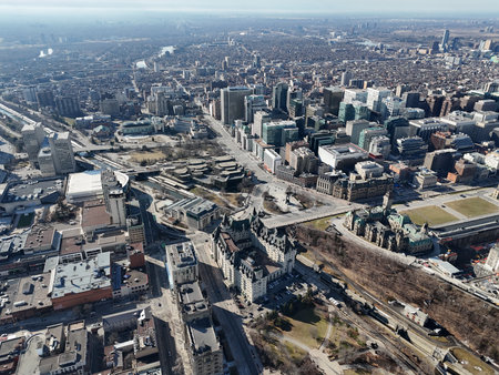 Aerial view of the capital Parliament under renovation the skyline of downtown Ottawa.の写真素材