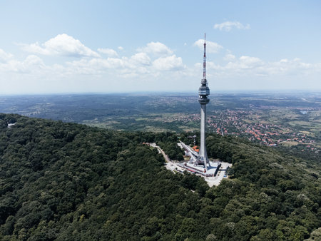 Aerial view of Avala TV Tower rising above green forest near Belgrade, Serbia. g.の写真素材