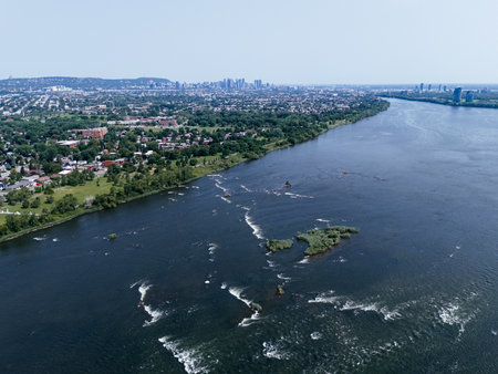 Aerial view of Lachine Rapids and residential area near Saint Lawrence River in Montreal, Canada. g.の写真素材