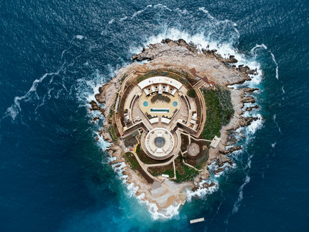 Aerial view of historic coastal fortress on Adriatic Sea islet in Montenegro, surrounded by rugged shoreline. c.の写真素材