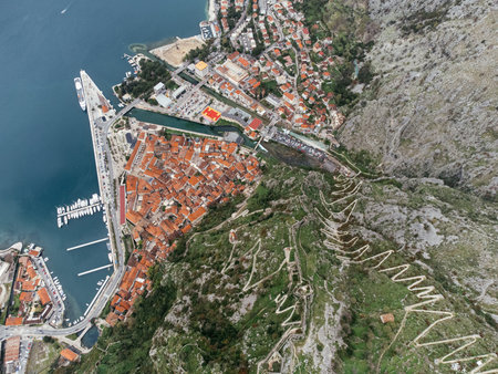 Drone view of Kotor Old Town and Kotor Bay in Montenegro, taken from the Kotor Fortress.