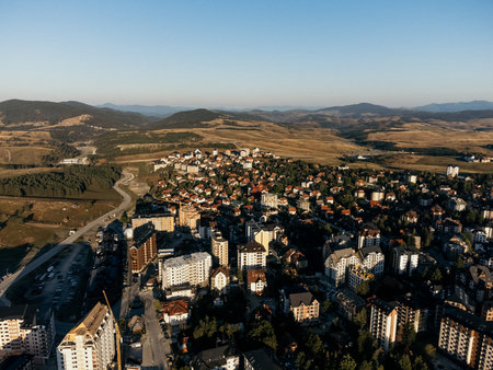 Aerial view of a small mountain town Zlatibor near to ski resort, Serbia, Europe.の写真素材