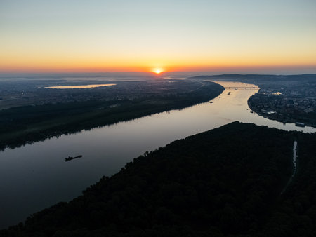 Aerial view of Belgrade river sunset over Sava and Danube confluence.の写真素材
