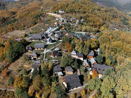 Aerial view of Kusturica village in Zlatibor mountains, Serbia on a sunny autumn day. g.の写真素材