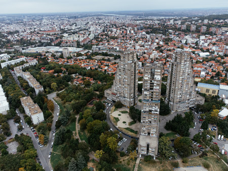 Aerial view of Rudo residential towers and cityscape in Belgrade, Serbia. g.の写真素材