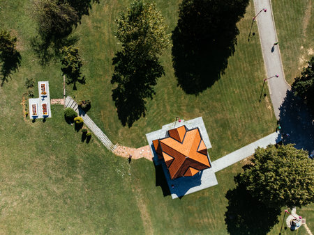 Aerial view of Church of Saint Basil of Ostrog near Valjevo, Serbia, surrounded by rural landscape. g.の写真素材