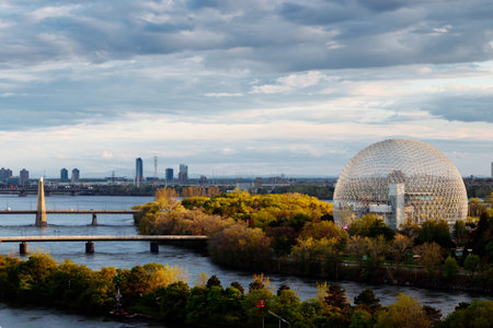 Drone view of Montreal Biosphere at the Park Jean-Drapeau, with the downtown of Montreal in the background. Quebec, Canada.の写真素材
