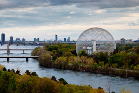 Drone view of Montreal Biosphere at the Park Jean-Drapeau, with the downtown of Montreal in the background. Quebec, Canadaの写真素材