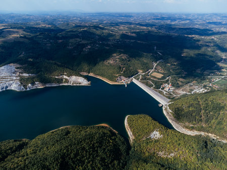 Aerial view of Rovni Lake reservoir and surrounding hilly landscape in Serbia. g.の写真素材