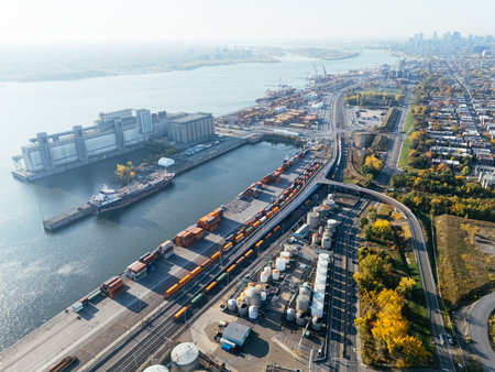 Aerial view of port industrial tanks and container yard near river in Montreal, Canada. g.