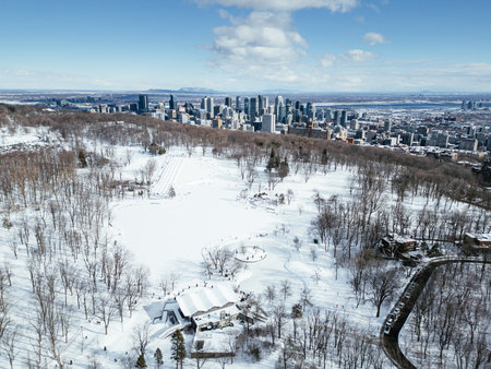 Winter aerial view of Montreal skyline with snowy Mount Royal Park and frozen Beaver Lake. g.の写真素材