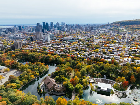 Aerial view of autumn city park and pond in Montreal, Quebec, Canada. g.の写真素材