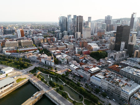 Montreal at sunset with urban skyscrapers viewed from old port.の写真素材