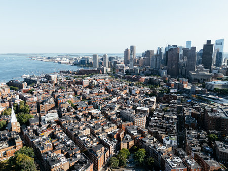 Aerial view of Boston city, bridges and river with skyline in sunlight. g.の写真素材