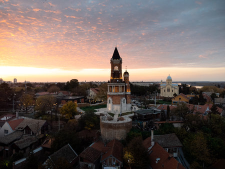 Aerial view of Zemun town and Gardosh tower at sunset, rooftops and river panorama. g.の写真素材