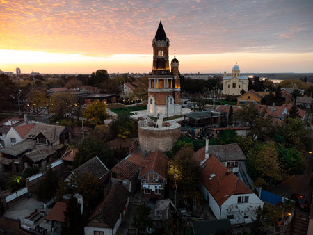 Aerial view of Zemun town and Gardosh tower at sunset, rooftops and river panorama. g.の写真素材