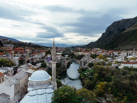 Aerial view of the city of Mostar and Neretva river, old Bridge, Koski Mehmed Pasha Mosque. Bosnia and Herzegovina .の写真素材