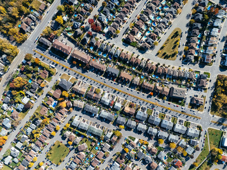 Typical rows of single-family homes in North America. a suburb of a big city.の写真素材