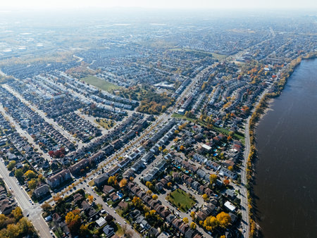 Typical rows of single-family homes in North America. a suburb of a big city.の写真素材