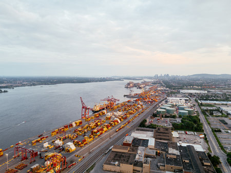 Aerial view of Montreal port with cargo containers, cranes and city skyline at sunset. g.の写真素材