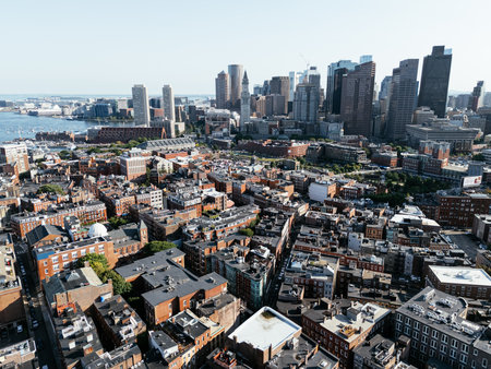 Aerial view of Boston historic North End, harbor, and Old North Church on a sunny day.の写真素材