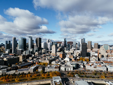 Aerial view of Montreal Old Port, downtown, historic buildings and waterfront under blue sky. g.の写真素材