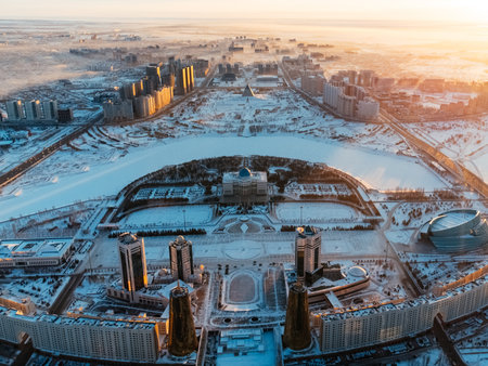 Aerial drone view Nur-Sultan, Kazakhstan Qazaqstan city center with skyscrapers and Baiterek Tower.の写真素材