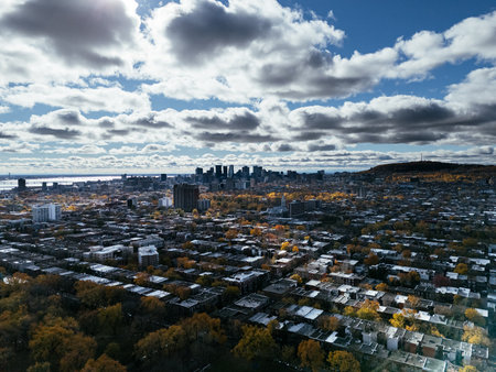 Aerial view of downtown Montreal and autumn trees in park under cloudy sky. g.の写真素材