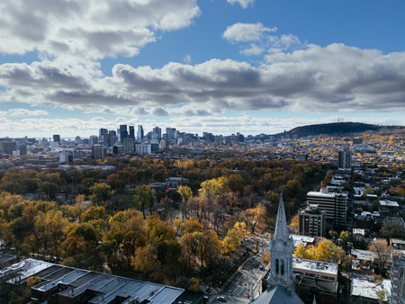 Aerial view of downtown Montreal and autumn trees in park under cloudy sky. g.の写真素材