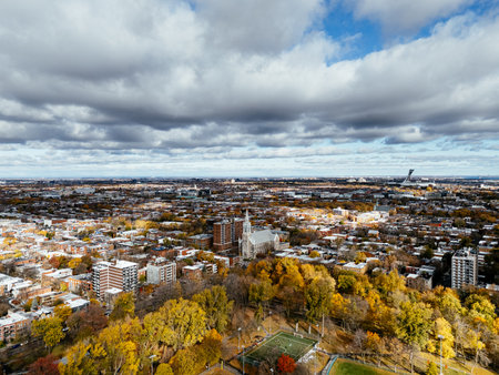 Aerial view of downtown Montreal and autumn trees in park under cloudy sky. g.