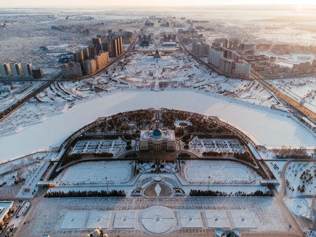 Aerial drone view Nur-Sultan, Kazakhstan Qazaqstan city center with skyscrapers and Baiterek Tower.の写真素材