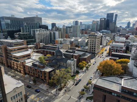 Autumn aerial view of Montreal downtown skyline with high-rise buildings under cloudy sky. g.の写真素材