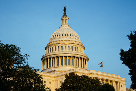 View of Washington Monument and United States Capitol with flags and people on the National Mall in...