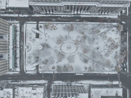 defaultSnowy aerial view of Montreal downtown with Mary Queen of the World Cathedral during snowfall...