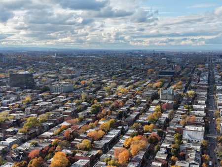 Autumn aerial view of Montreal downtown skyline with high-rise buildings under cloudy sky. g.の写真素材
