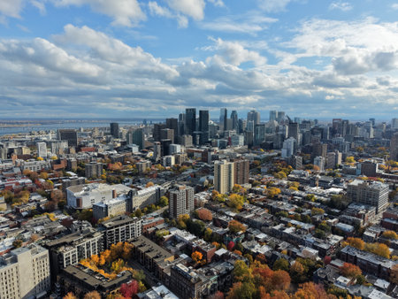 Autumn aerial view of Montreal downtown skyline with high-rise buildings under cloudy sky. g.の写真素材