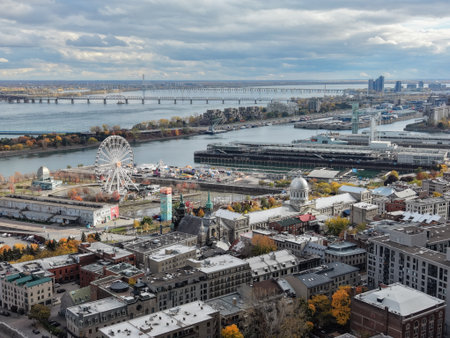 Autumn aerial view of Montreal downtown skyline with high-rise buildings under cloudy sky. g.の写真素材