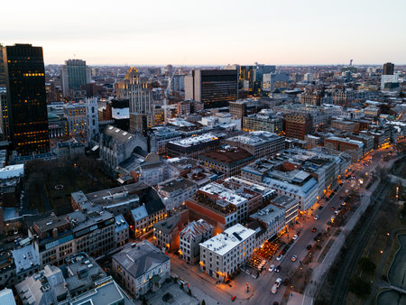 Montreal evening skyline with illuminated streets in Old Port district. g.の写真素材