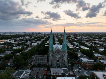 Sunset aerial view of church spires over Montreal cityscape. g.の写真素材