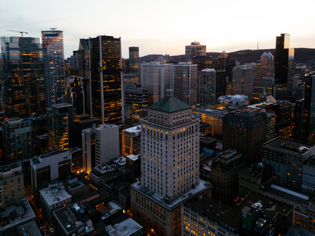 Montreal evening skyline with illuminated streets in Old Port district. g.の写真素材