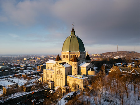 Aerial view of St. Josephs Oratory of Mount Royal at Sunset in winter. Montreal, Quebec, Canadaの写真素材