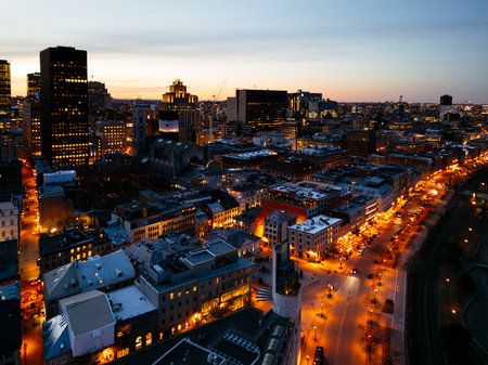 Montreal evening skyline with illuminated streets in Old Port district. g.の写真素材