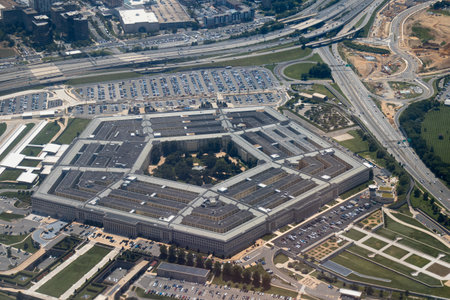 Aerial view of the Pentagon complex with surrounding roads, parking and greenery. g.の写真素材