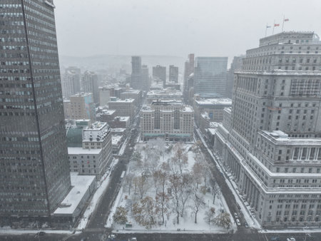 defaultSnowy aerial view of Montreal downtown with Mary Queen of the World Cathedral during snowfall and storm. g.のeditorial素材