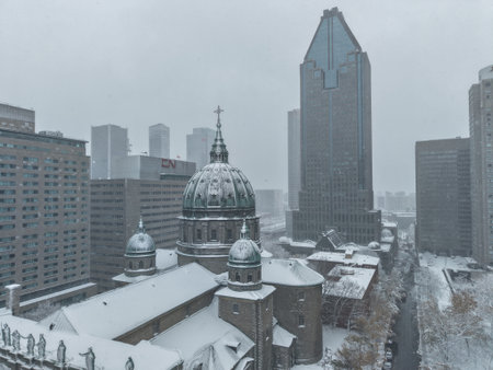 defaultSnowy aerial view of Montreal downtown with Mary Queen of the World Cathedral during snowfall and storm. g.の写真素材