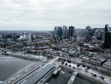 Winter view of Old Port City waterfront park with an entertainment venue. Montreal, Canadaの写真素材