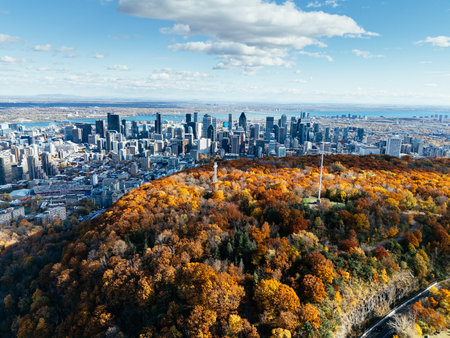 Autumn aerial view of Montreal skyline and Mount Royal Park with vibrant fall foliage. g.の写真素材