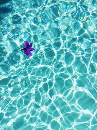 Purple flower floating on clear turquoise pool water with bright sun reflections. g.の写真素材